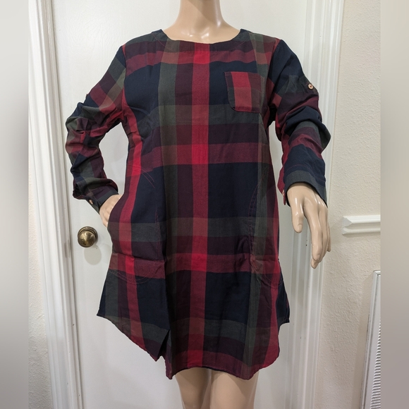 Womans Sz. S Buffalo Plaid Long Roll-Tan Sleeve Tunic Mini Dress New by CUPSHE - Picture 1 of 10